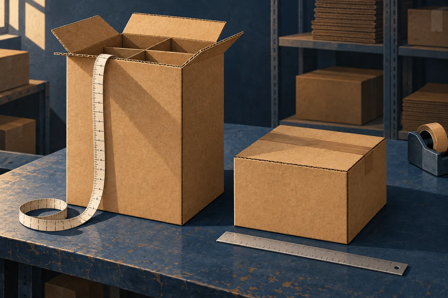 Tall and short shipping cartons with a tape measure and ruler on a packing bench