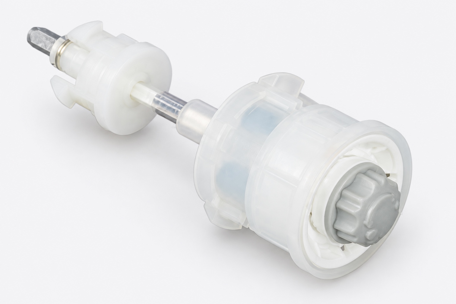 Assembled ceramic pepper and salt mechanism in an angled view