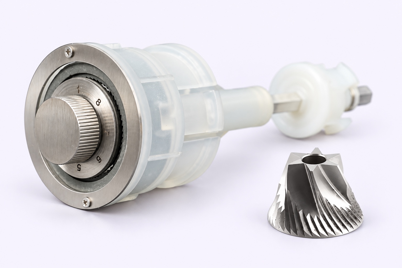 Stainless-steel coffee mechanism alongside a coffee burr from the A-LIFE range
