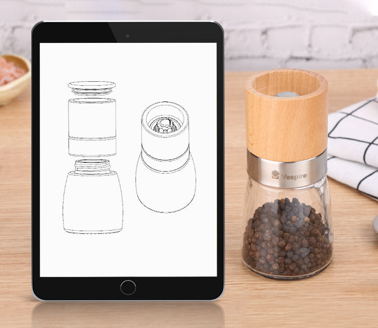 Pepper grinder engineering drawing and the corresponding complete product