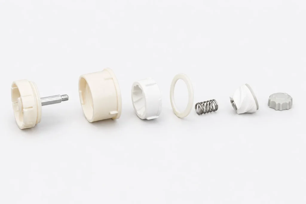 Separate grinding assembly components including ceramic elements, housing, shaft, spring and adjustment cap
